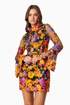 Flowering Girl Women Multi Orange Flower Embroidered Long Sleeves Mini Dress