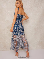 Flowering Girl Women Peplum Embroidered Lace Bodycon Dress in Blue