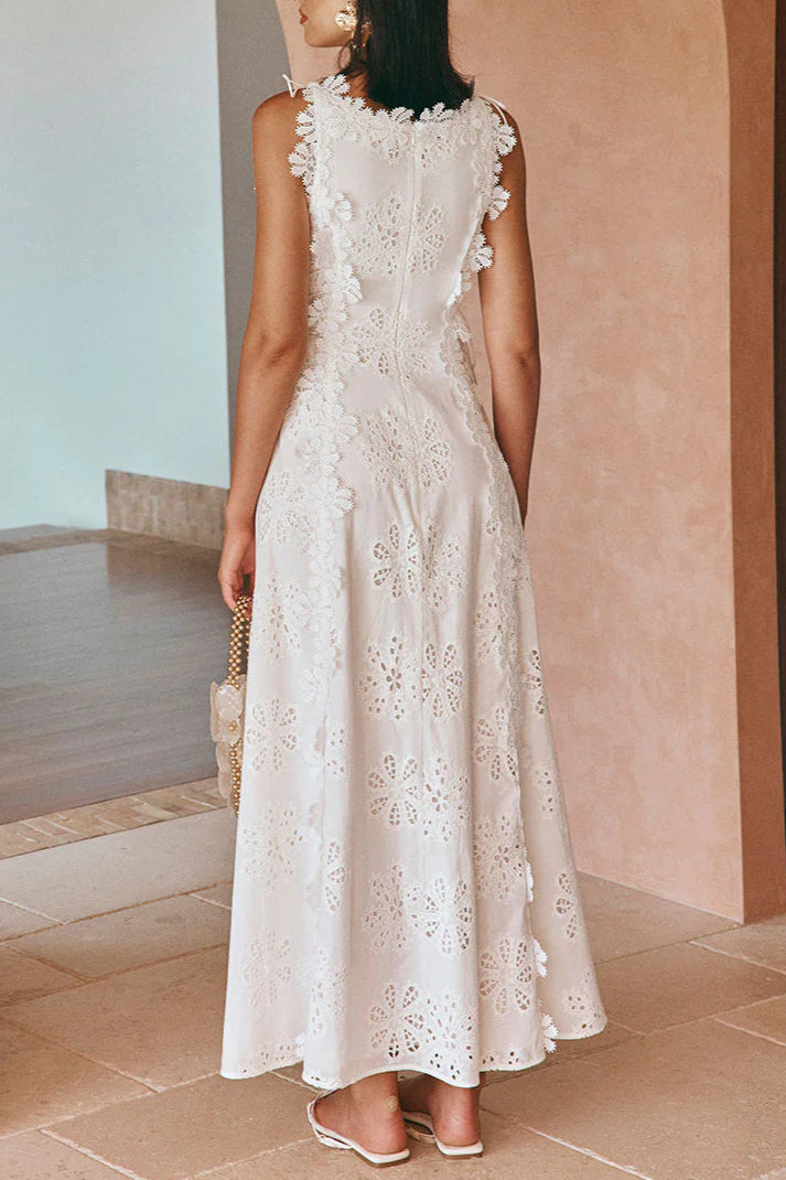 Flowering Girl Women Lace Trim Embroidery Hollow Midi Dress In White