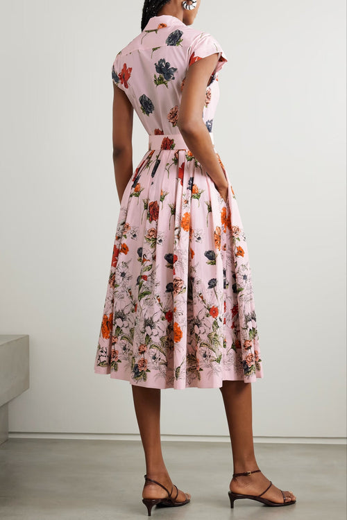 Flowering Girl Women Belted Pleated Floral-Print Cotton-Poplin Midi Shirt Dress - Pink