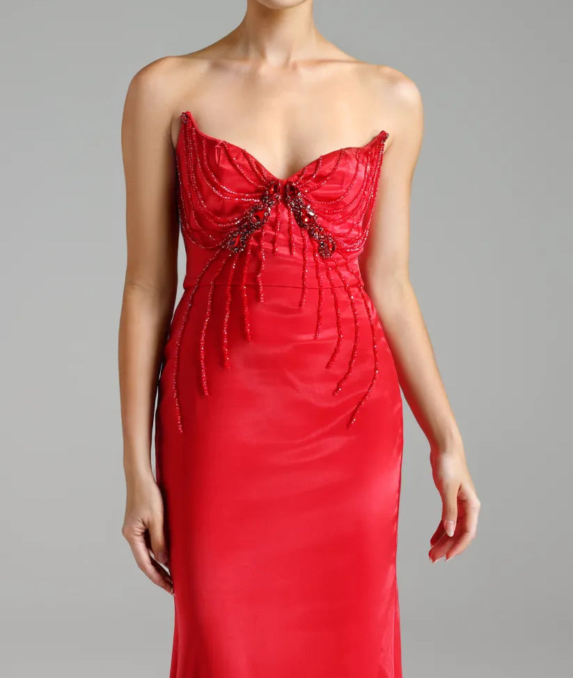 Flowering Girl Women bow embellished strapless maxi dress in red