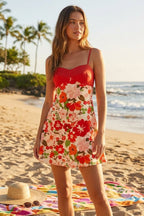 Two-Tone Satin Bust Floral Slip Mini Dress
