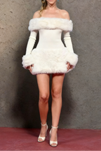 White Strapless Faux Fur Slim Mini Dress