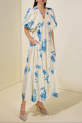Flowering Girl Women susie Print Smocking Puff Sleeve Midi Dress - blue