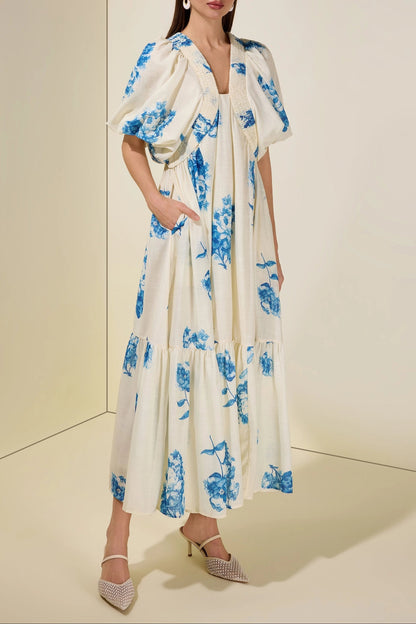 susie Print Smocking Puff Sleeve Midi Dress - blue