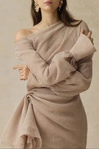 brianna Asymmetric Long Sleeve pleated maxi Dress in beige