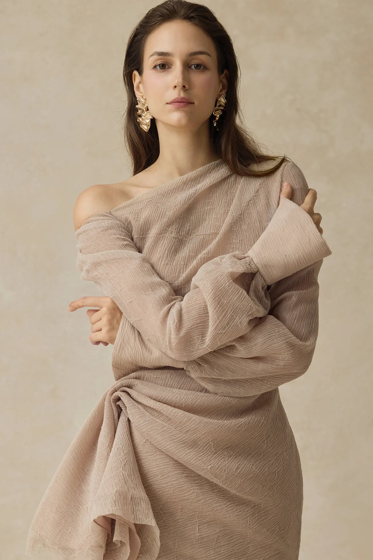 Flowering Girl Women Brianna Asymmetric Long Sleeve Pleated Maxi Dress In Beige