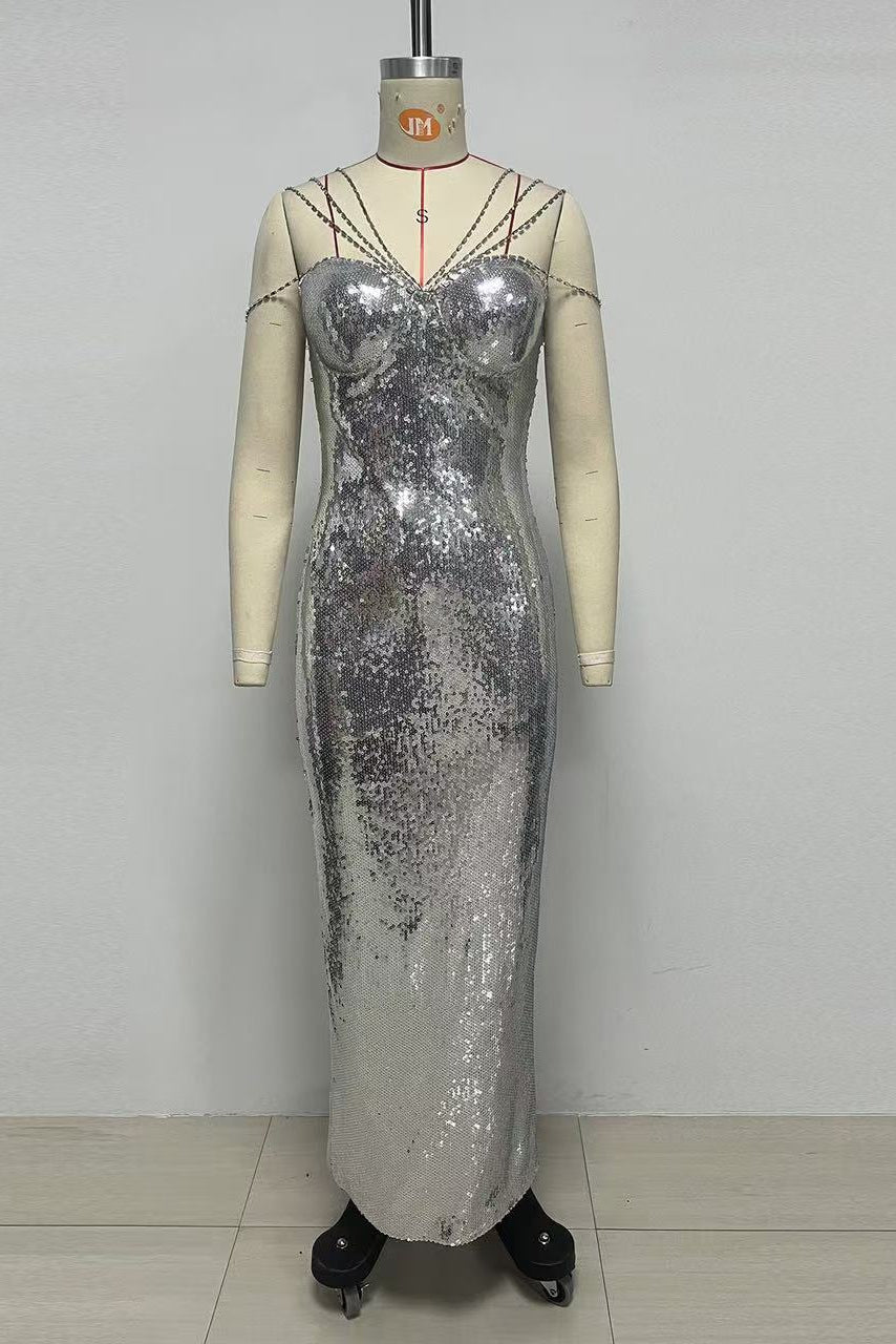 Sequin Rhinestone Strap Mermaid Maxi Gown