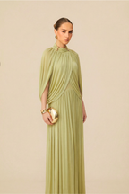 leona Green Draped Cape Sleeve Knit Maxi Dress
