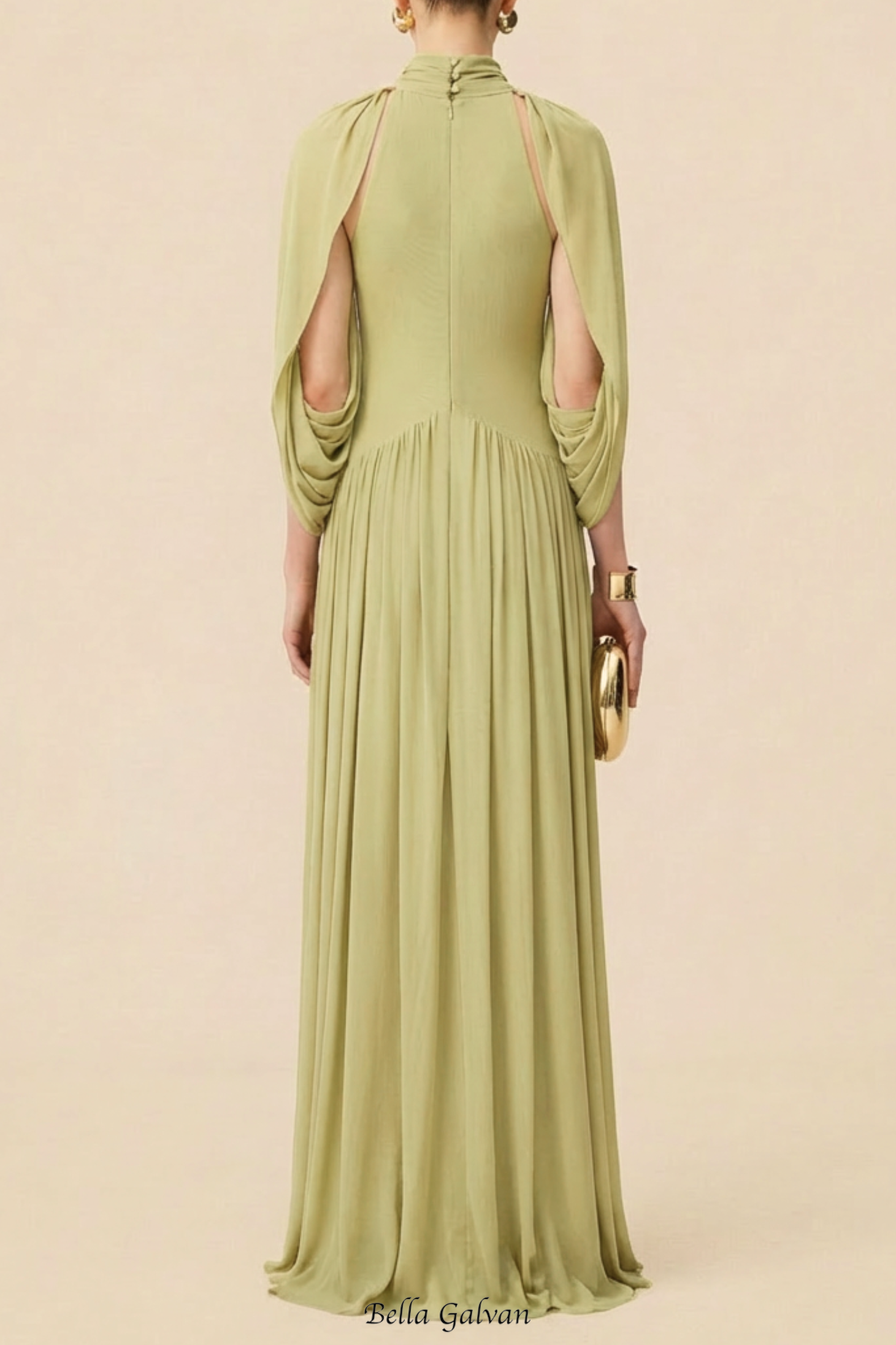 leona Green Draped Cape Sleeve Knit Maxi Dress
