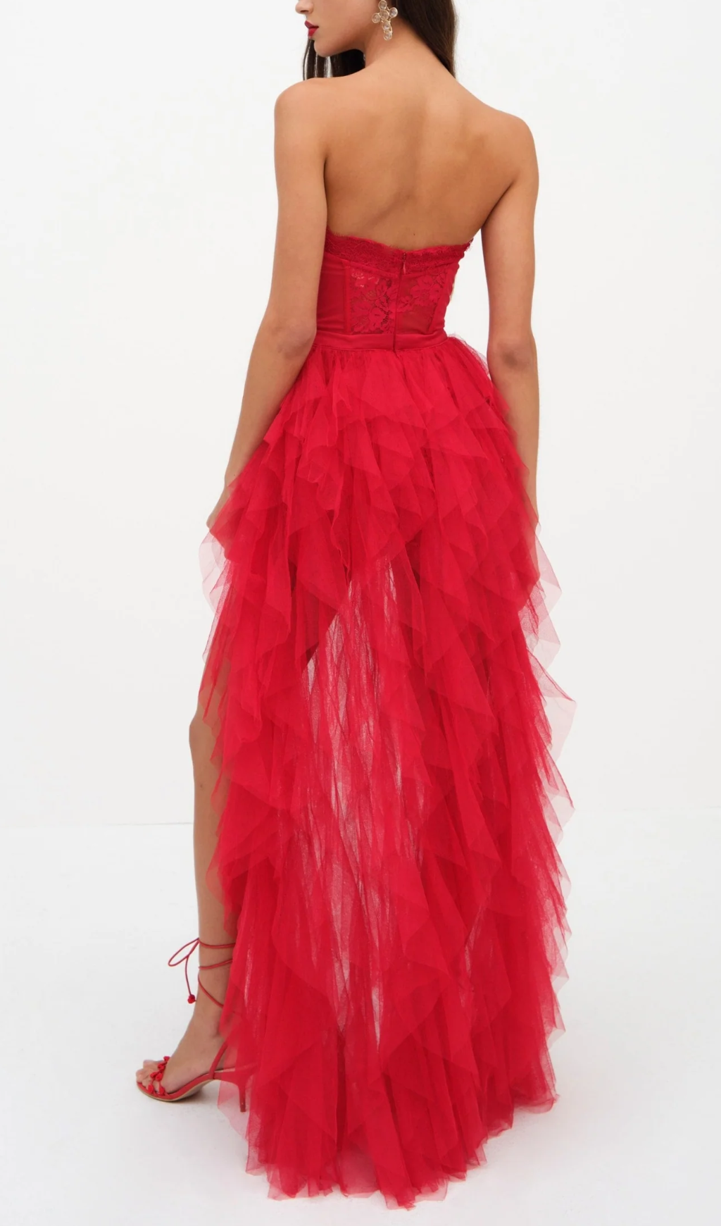 Flowering Girl Women Red Strapless Lace Patchwork Mesh Maxi Dress