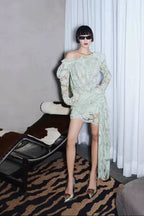 joanna 3d flower Lace hollow Asymmetrical mini Dress in green