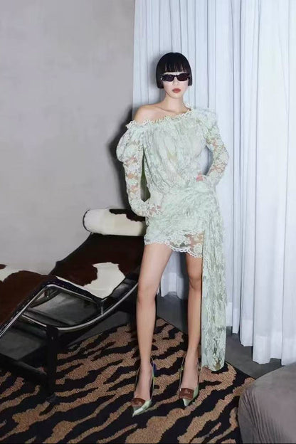 joanna 3d flower Lace hollow Asymmetrical mini Dress in green
