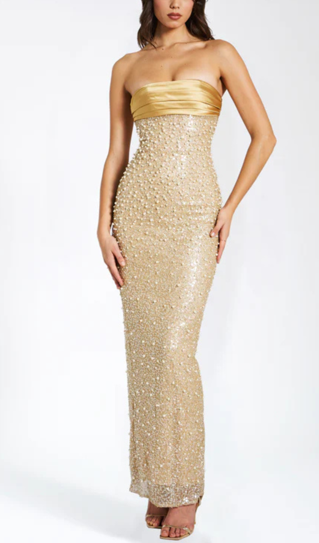 Flowering Girl Women GOLD SATIN SEQUIN PEARLS BEADED MAXI DRESS