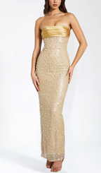 Flowering Girl Women GOLD SATIN SEQUIN PEARLS BEADED MAXI DRESS