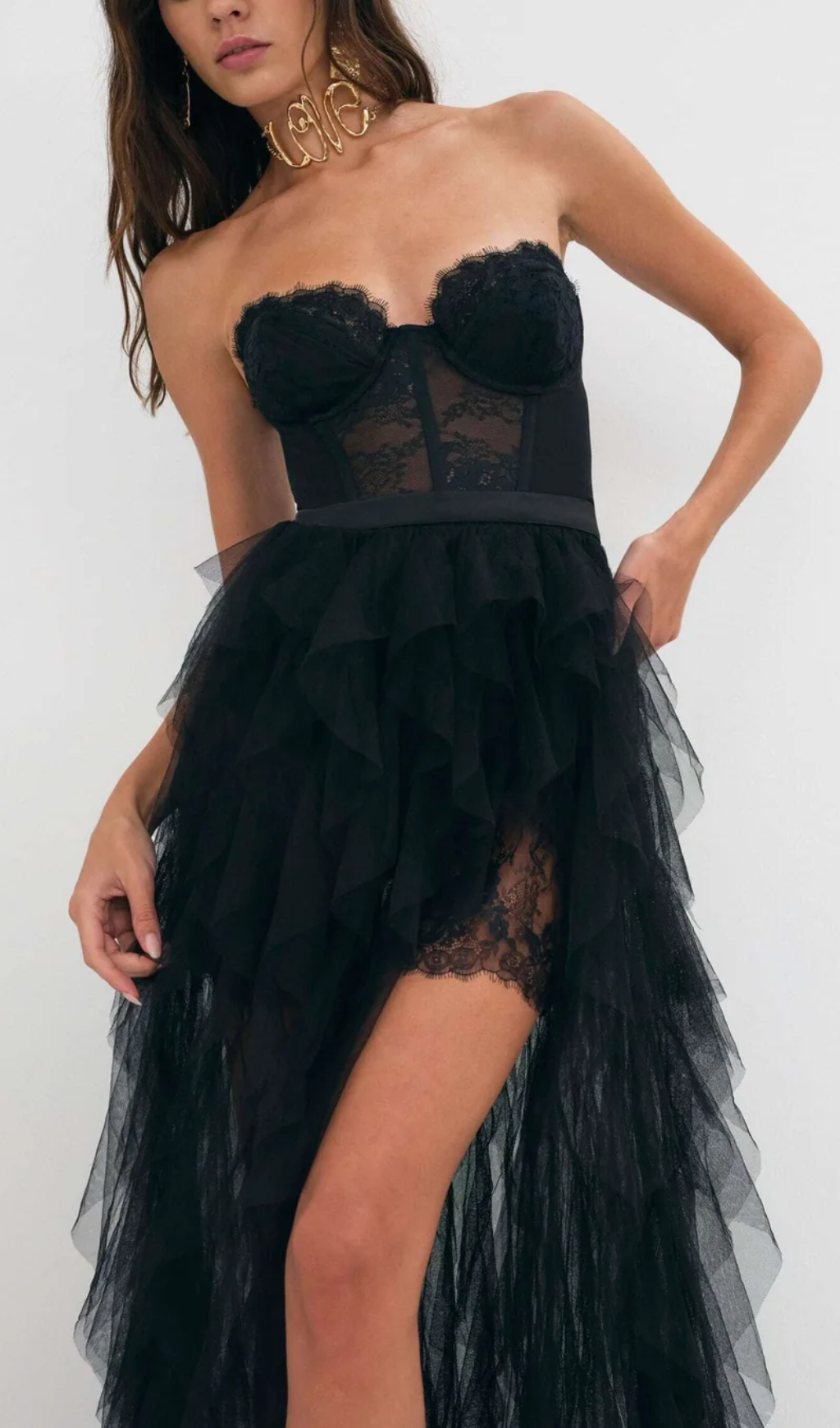 Flowering Girl Women Black Strapless Lace Patchwork Mesh Maxi Dress
