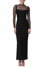 tina black long-sleeve mesh see-through bandage maxi dress