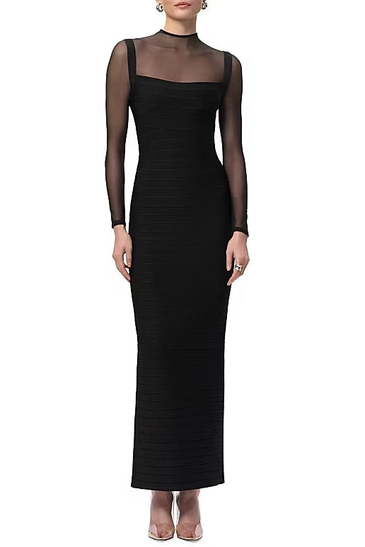 Tina Black Long-Sleeve Mesh See-Through Bandage Maxi Dress