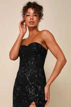 Flowering Girl Women Sequin print Strapless Bustier Maxi Dress in black