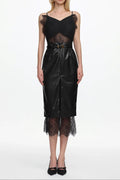 julia black V Neck Sleeveless Lace Faux Leather Midi Dress