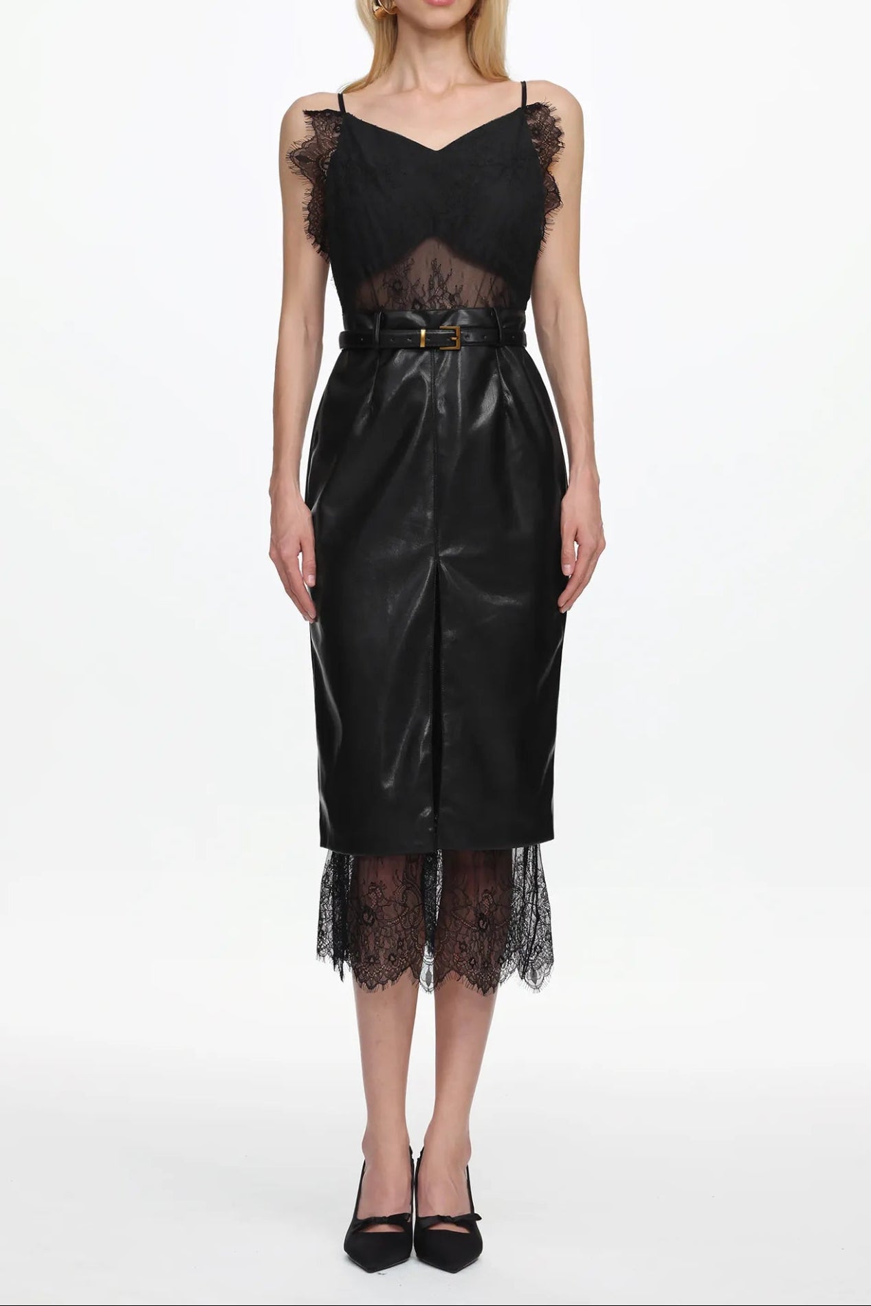 julia black V Neck Sleeveless Lace Faux Leather Midi Dress