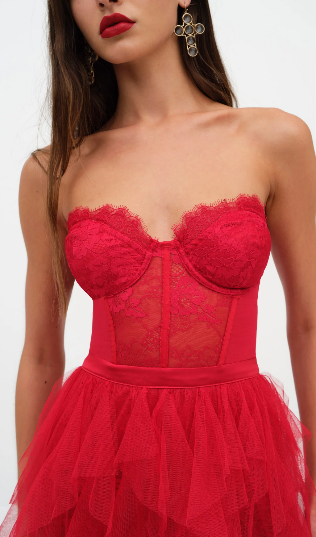 Flowering Girl Women Red Strapless Lace Patchwork Mesh Maxi Dress