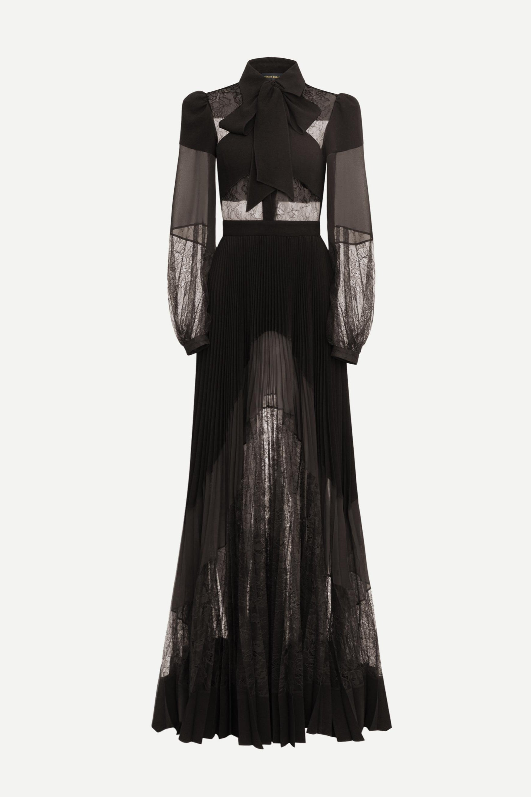 simona lace splice Pleated maxi Dress in black