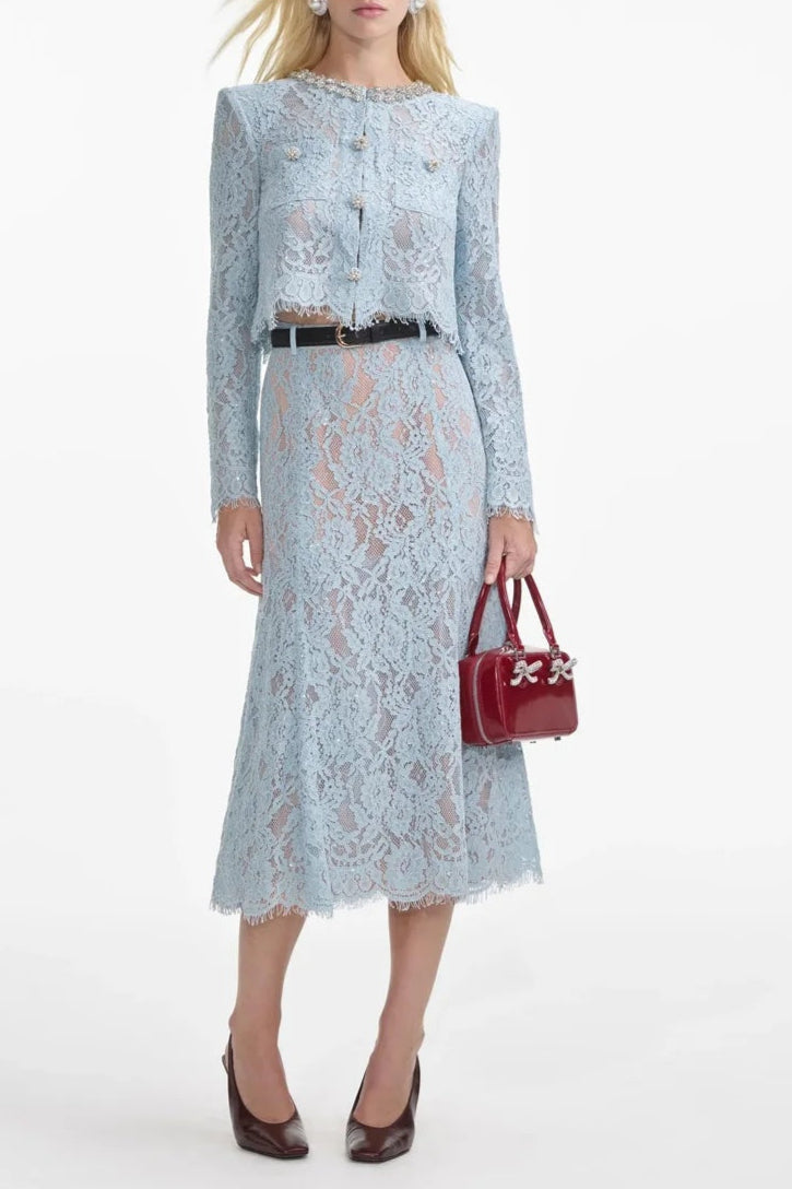 carol lace embellished top & midi skirt in blue