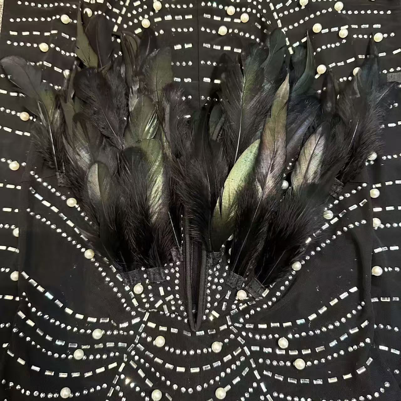Strapless Feather Pearl Mini Dress In Black