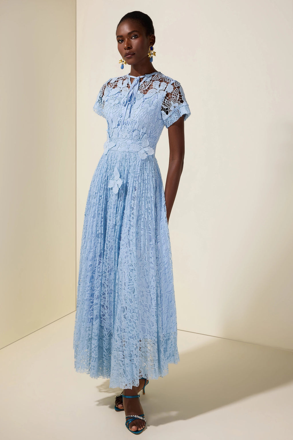 Flowering Girl Women selena Lace Butterfly Pleated Midi Dress - blue