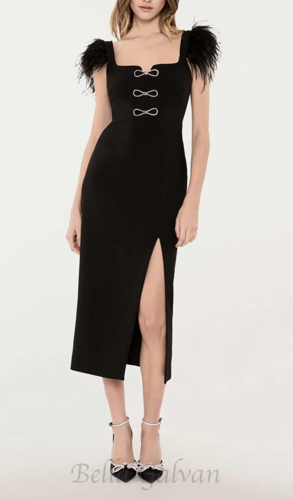 Flowering Girl Women CARI BLACK BOW FEATHER BANDAGE MIDI DRESS