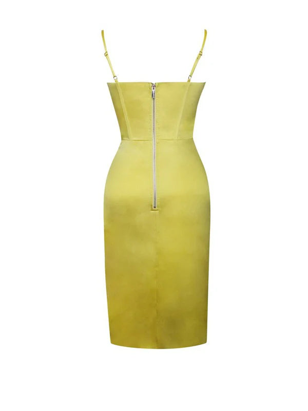 Flowering Girl Women Lemon Yellow Pleated Satin Mini Dress