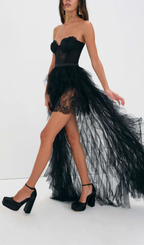 Flowering Girl Women Black Strapless Lace Patchwork Mesh Maxi Dress