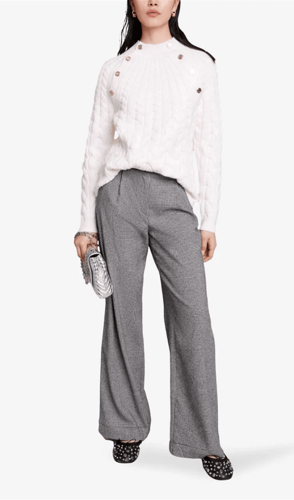 BUTTON TRIM CABLE KNIT SWEATER