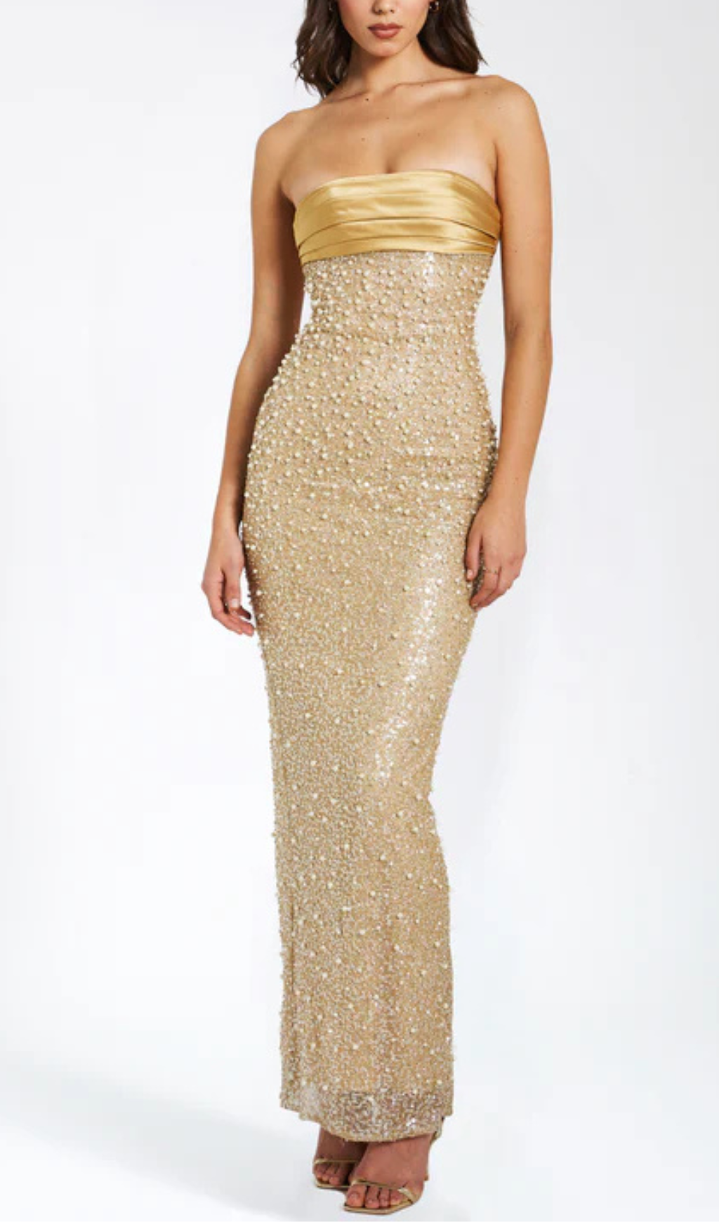 Flowering Girl Women GOLD SATIN SEQUIN PEARLS BEADED MAXI DRESS