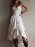 Corset-Style Lace Trim Tiered Midi Dress