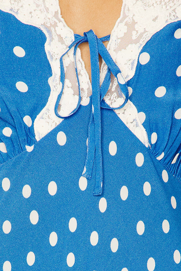 Flowering Girl Women Lyuba Polka Dot Lace-Trimmed V-Neck Maxi Dress In Blue