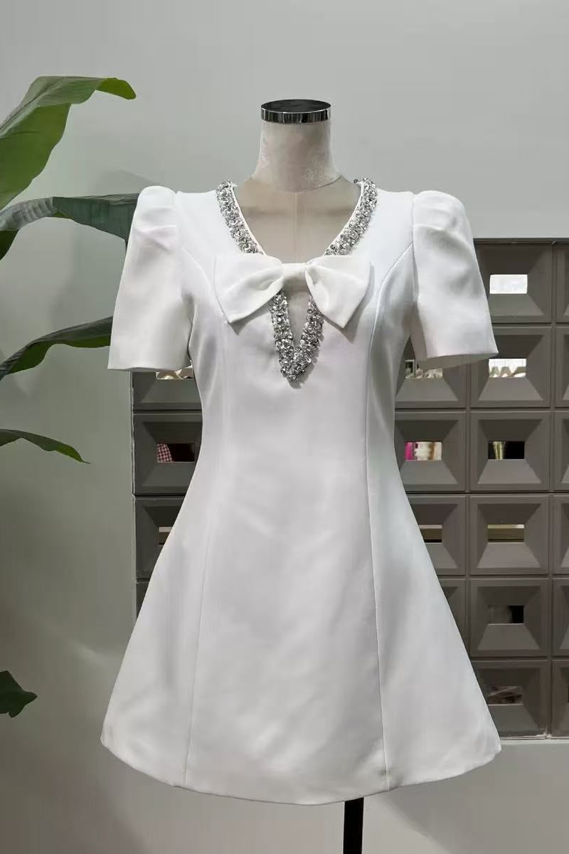 Flowering Girl Women V-Neck Diamond Chain Bow Mini Dress In Ivory