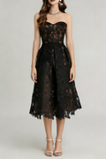 Agnens Black Sexy Strapless Embroidered Lace Midi Dress