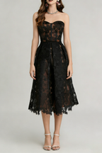 Agnens Black Sexy Strapless Embroidered Lace Midi Dress
