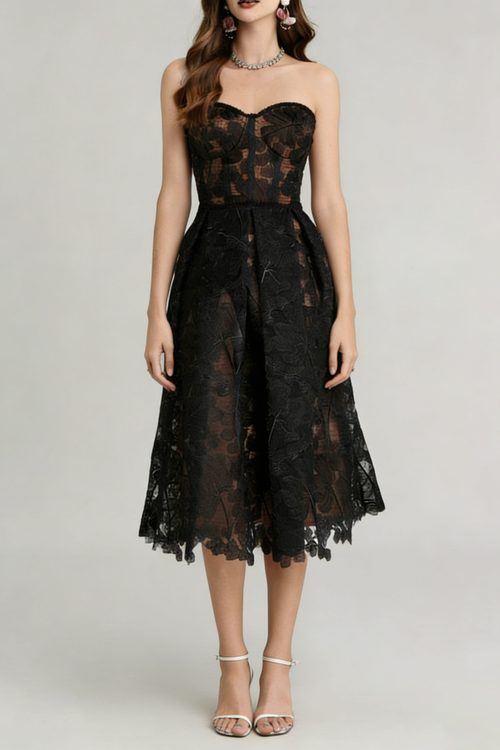 Flowering Girl Women Agnens Black Sexy Strapless Embroidered Lace Midi Dress
