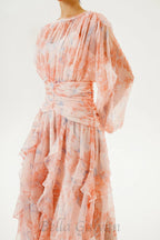 Flowering Girl Women puff long sleeve tiered ruffle hem maxi dress in pink