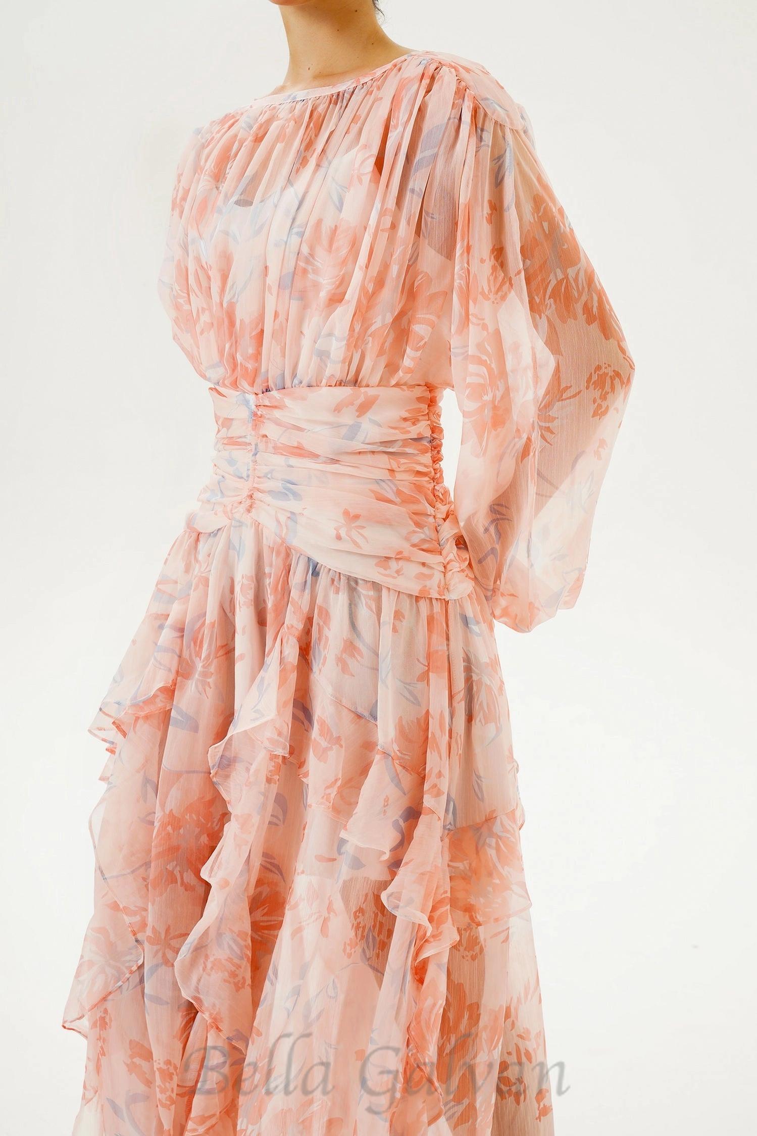 Flowering Girl Women puff long sleeve tiered ruffle hem maxi dress in pink