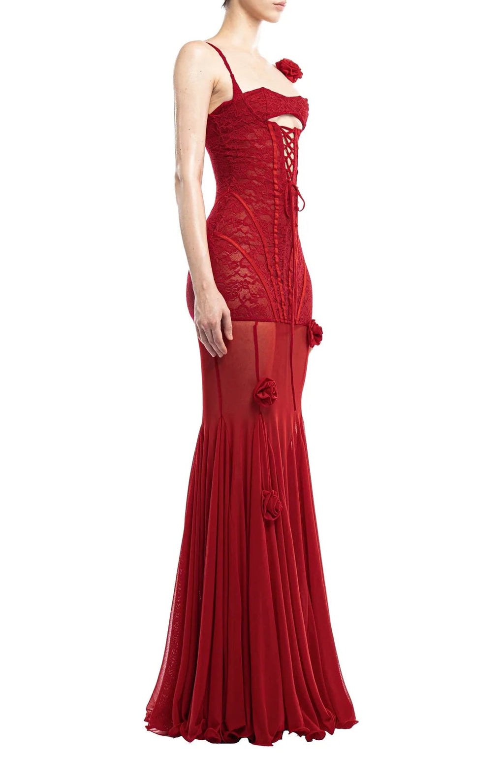 Jamie 3D Floral Halter-Neck Fishbone Mesh Hollow Maxi Dress
