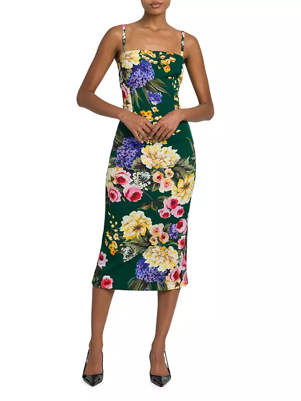 Flowering Girl Women floral print sheath midi dress in green