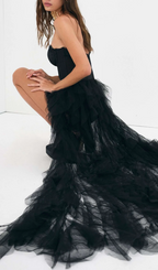 Flowering Girl Women Black Strapless Lace Patchwork Mesh Maxi Dress
