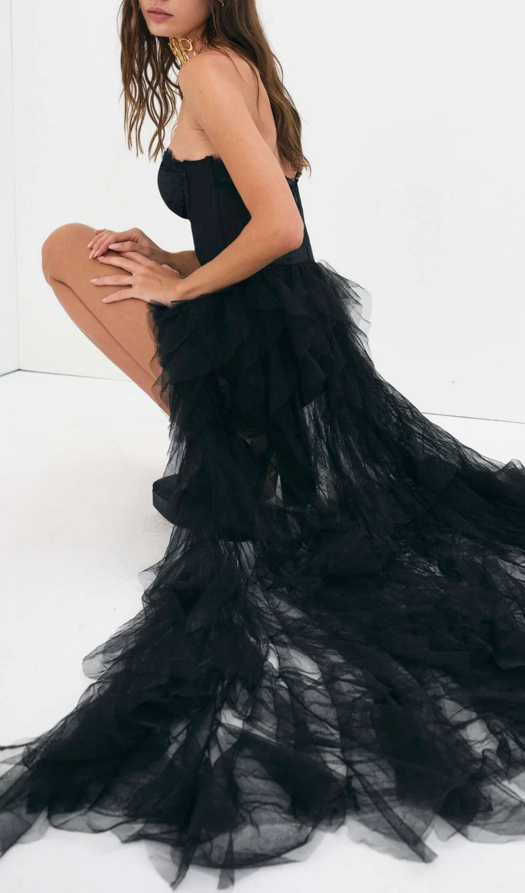 Flowering Girl Women Black Strapless Lace Patchwork Mesh Maxi Dress