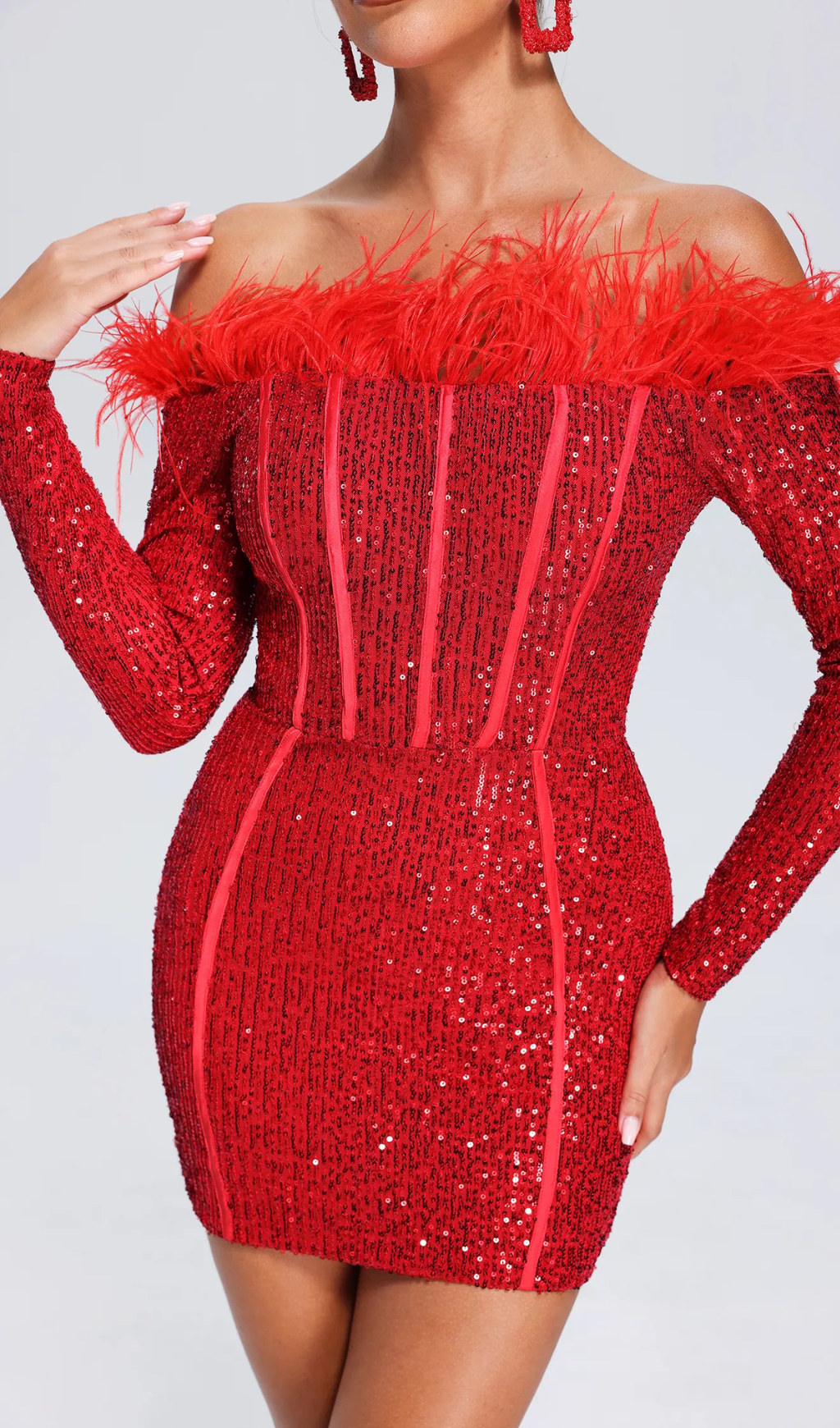 Flowering Girl Women Red Long Sleeve Feathers Sequin Dress