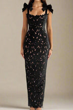 Flowering Girl Women hermosa Bow Strap Embroidered Lace Maxi Dress in black