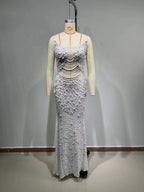 Iseult White Faux Pearl Mesh Maxi Gown